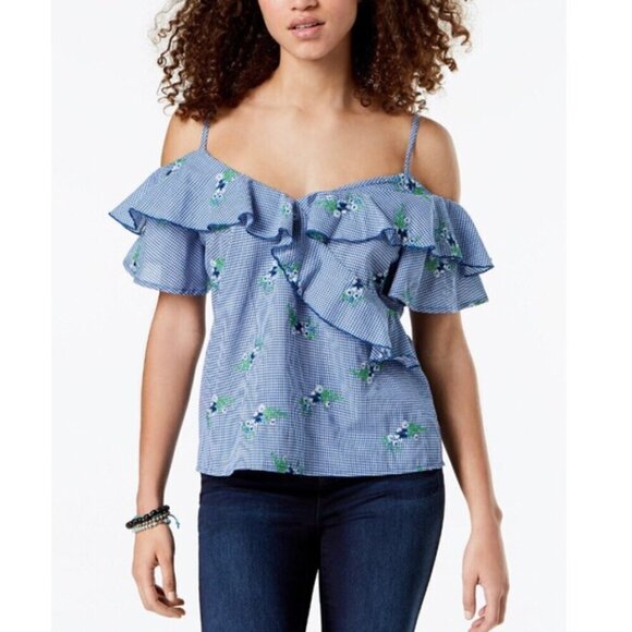 Gypsies & Moondust Tops - Gypsies & Moondust Juniors' Ruffled Gingham Off-The-Shoulder Blouse Size XL NWT